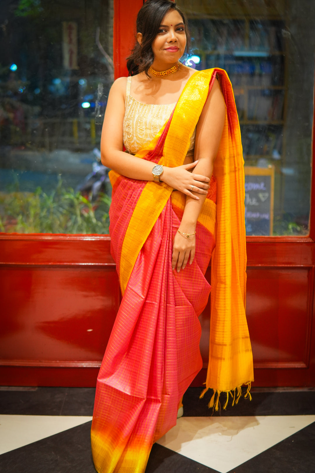 Maheshwari Yellow Pink