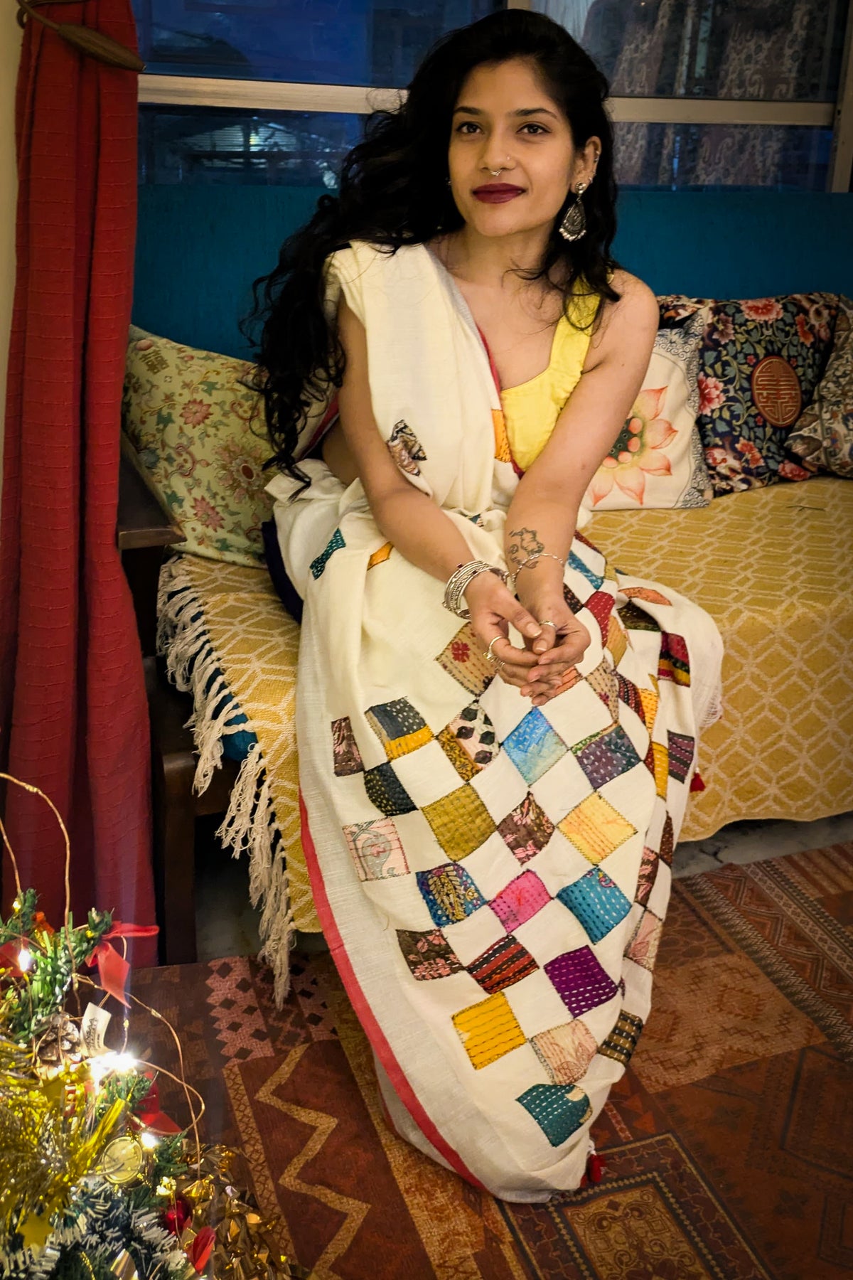 Baul applique on khadi   white