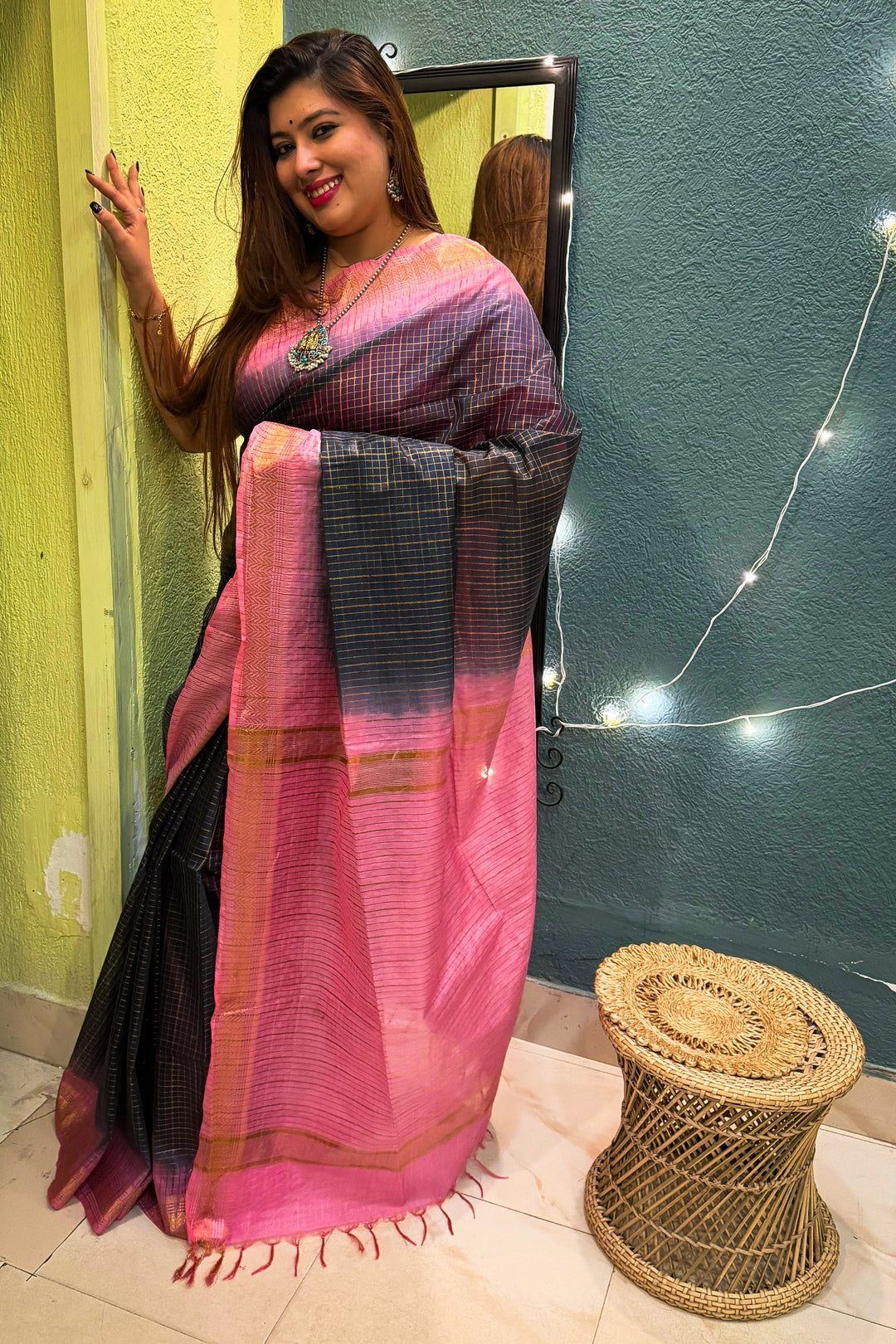Maheshwari Black Baby Pink