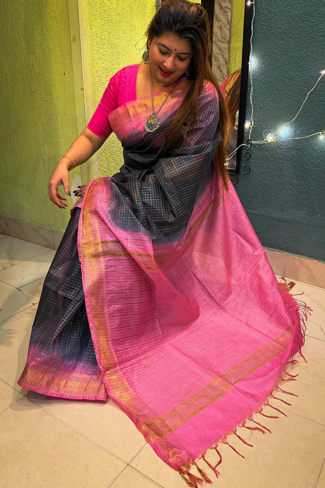 Maheshwari Black Baby Pink