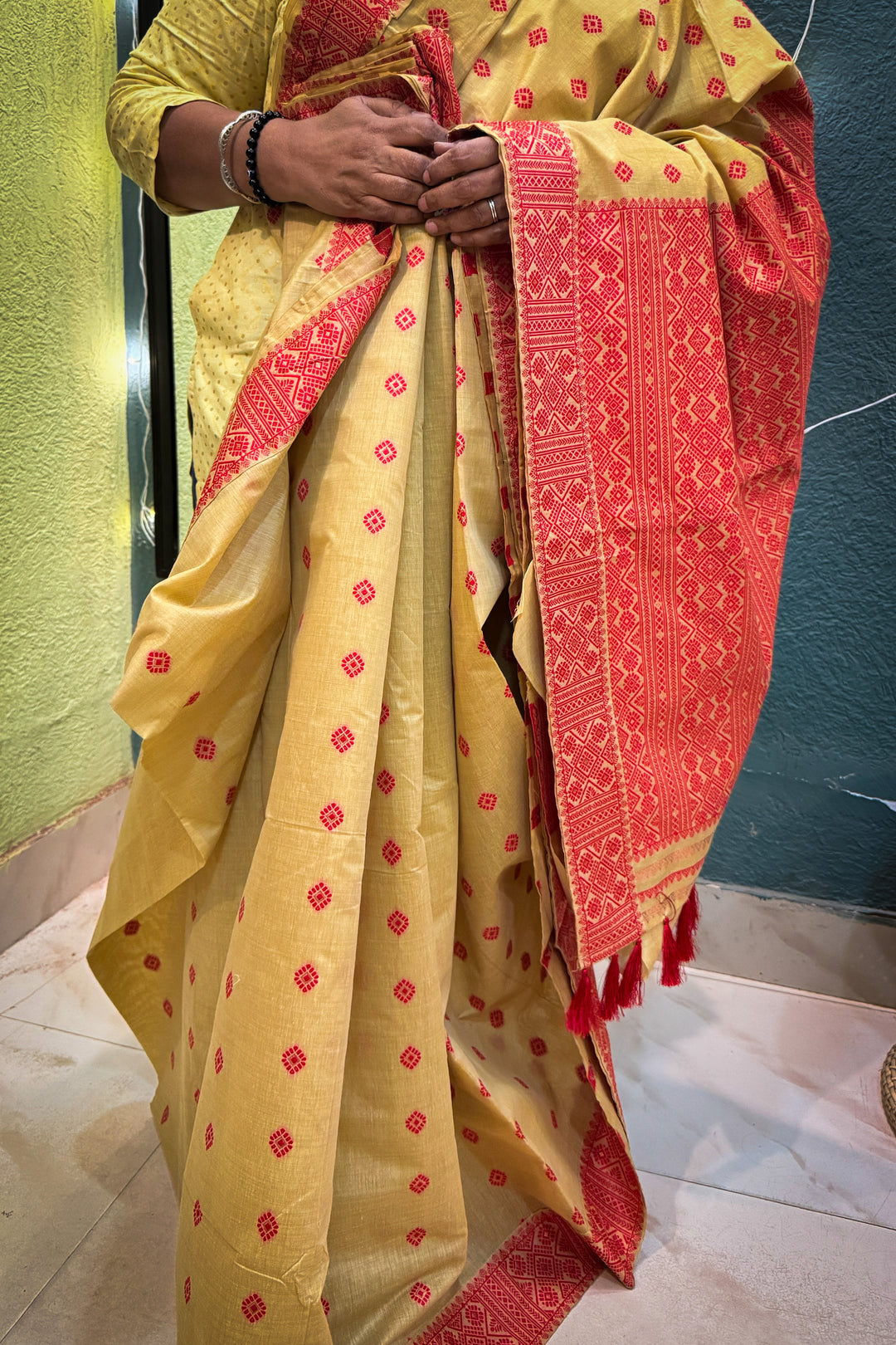 Assam Saree Red on Beige