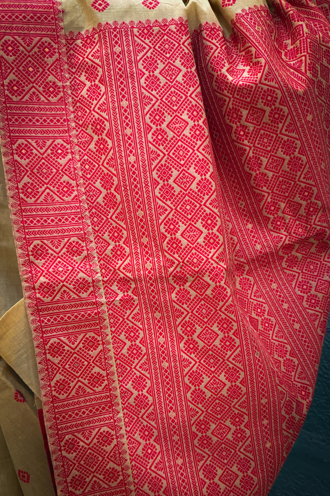 Assam Saree Red on Beige