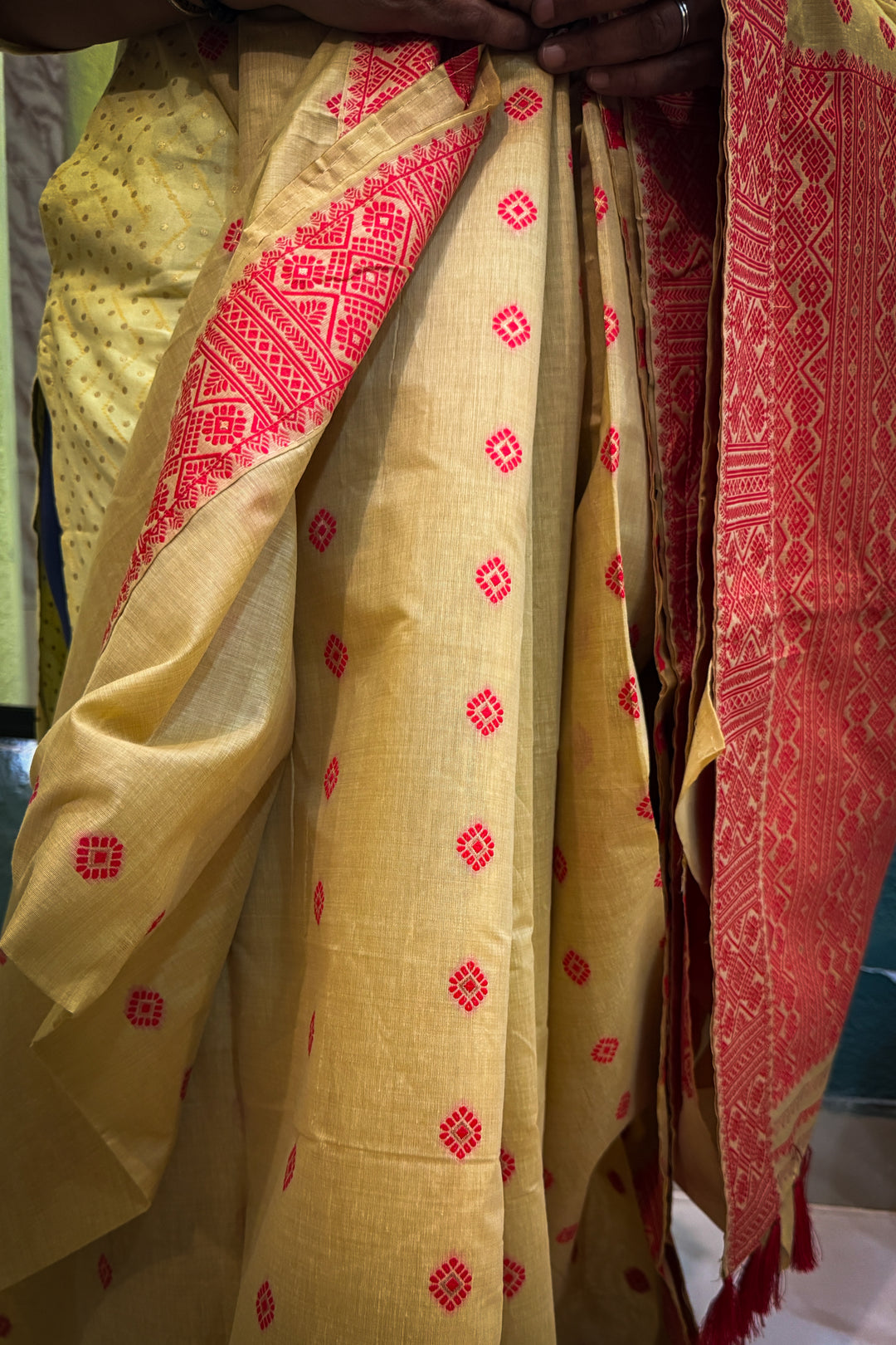 Assam Saree Red on Beige