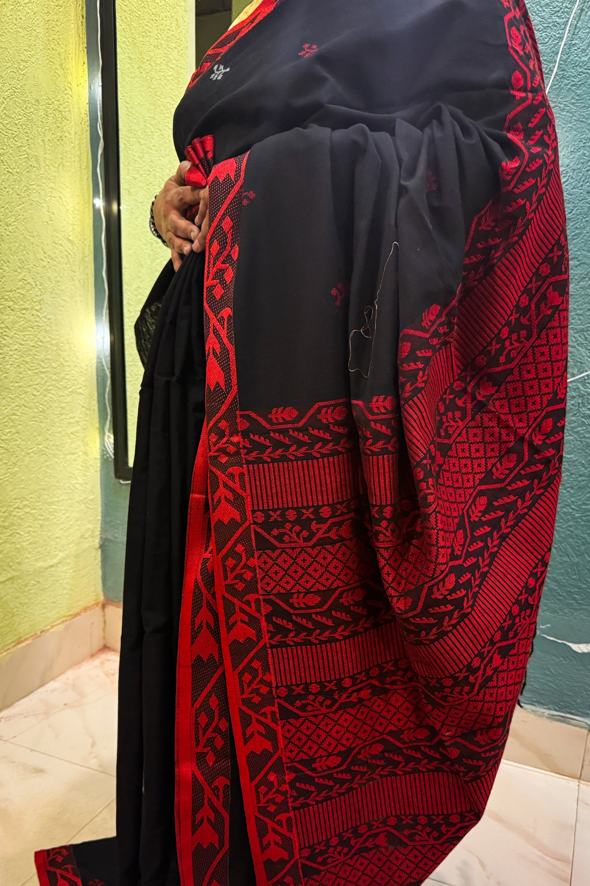 Manipuri cotton handloom   red black