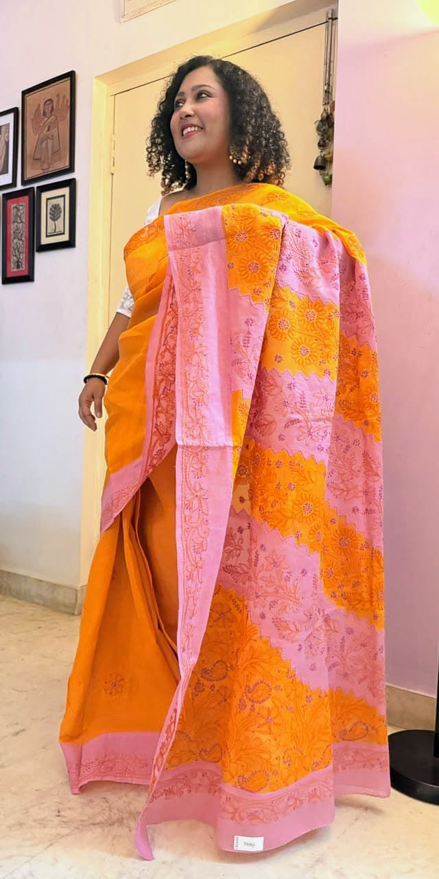 Contrast saree with applique   pink orange