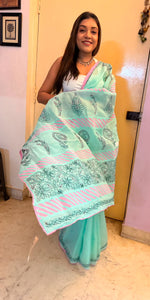 Load image into Gallery viewer, Cotton contrast saree - sea green
