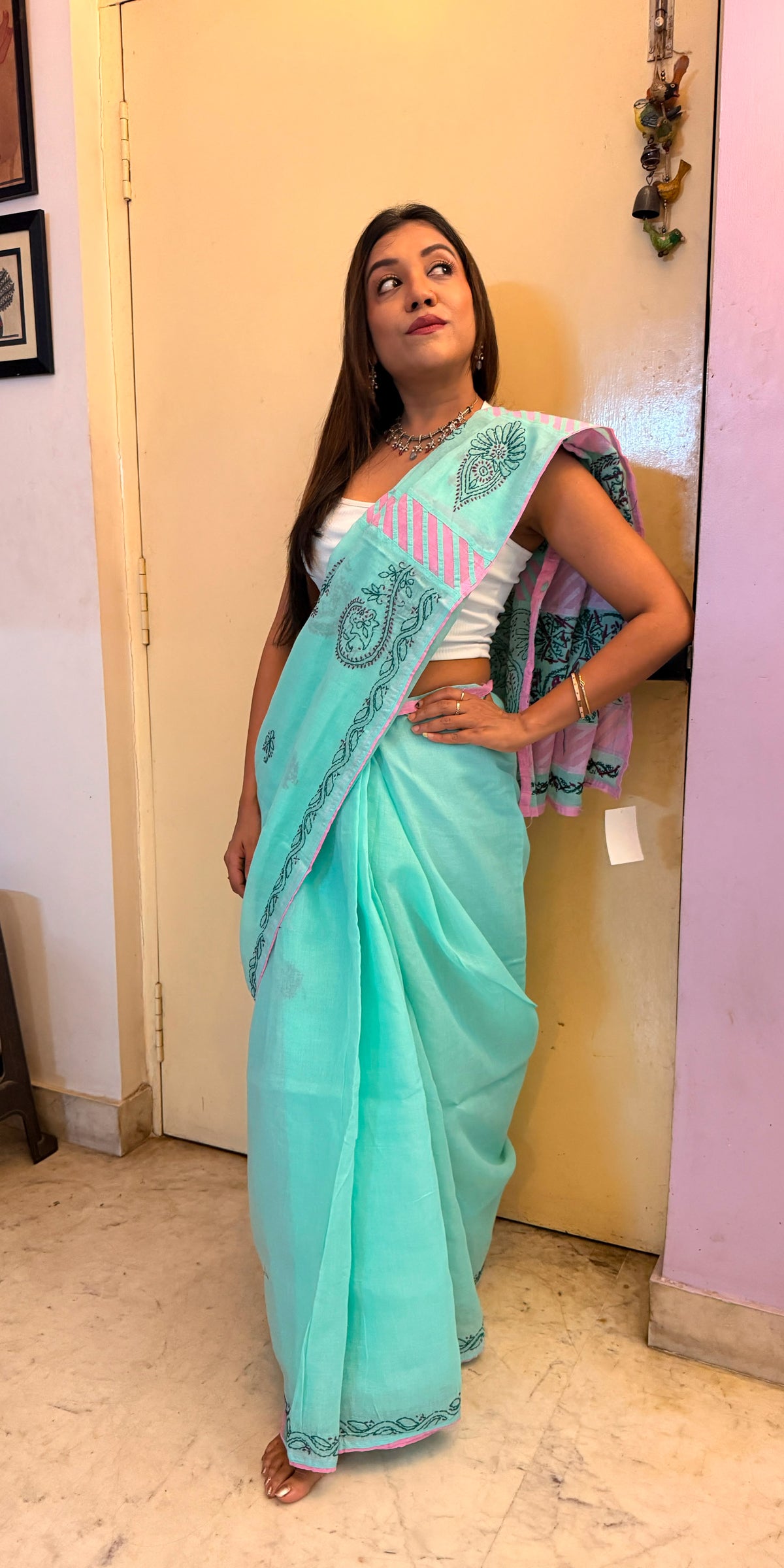 Cotton contrast saree   sea green