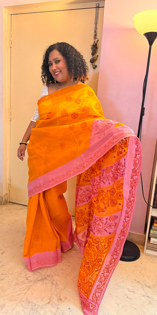 Contrast Saree with applique - pink orange