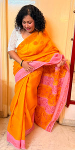 Load image into Gallery viewer, Contrast Saree with applique - pink orange
