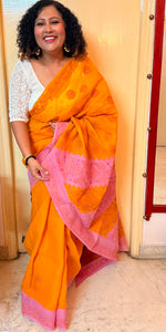 Load image into Gallery viewer, Contrast Saree with applique - pink orange
