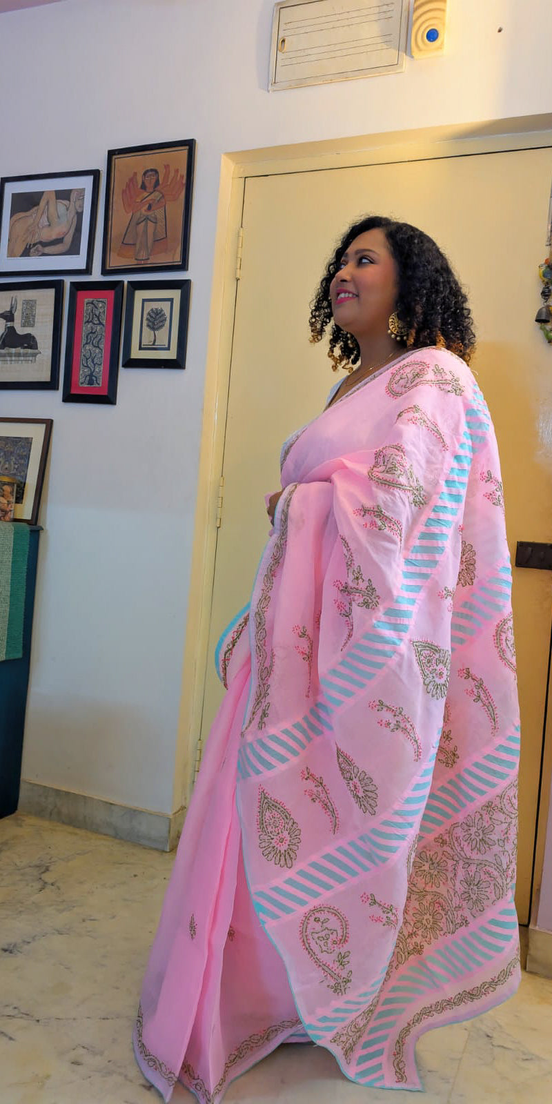 Cotton contrast saree - pink