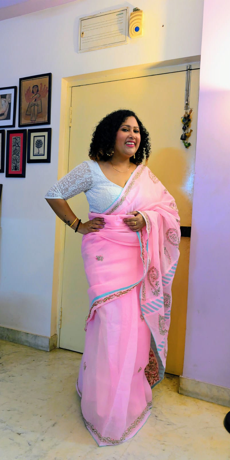 Cotton contrast saree - pink