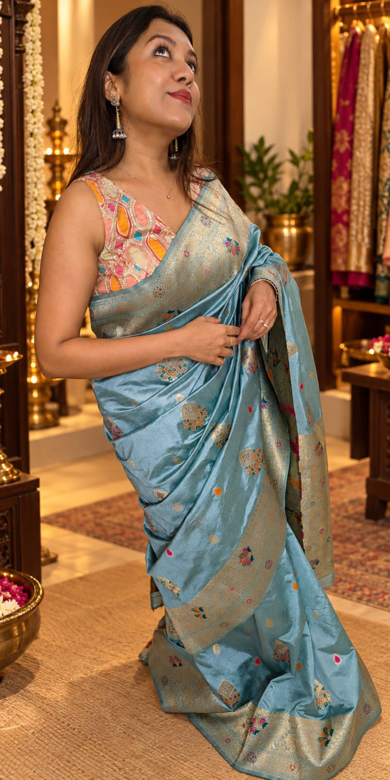 Sea green multicolour silk