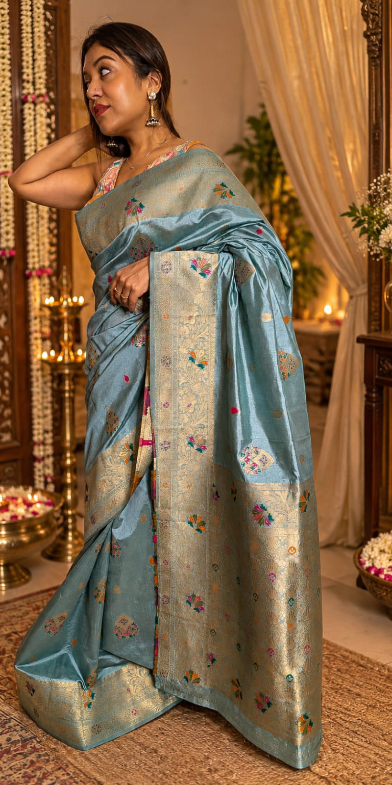 Sea green multicolour silk