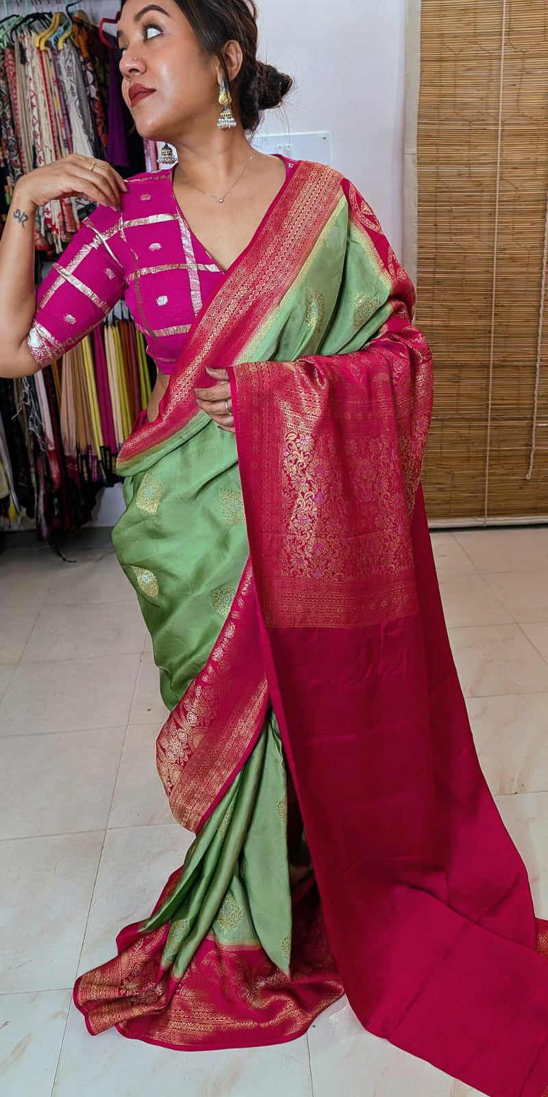 Dupion Silk Green Pink